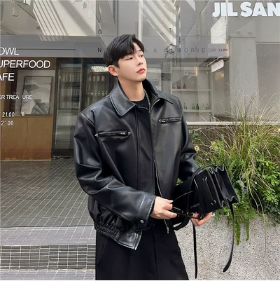 Senior sense fried street plankton Shuai top pu leather cotton clothes men&