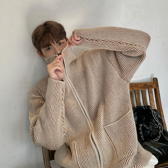 Autumn-winter lazy retro trend with loose striped long-sleeved zipper stand-up collar sweater jacket Korean knitwear trend