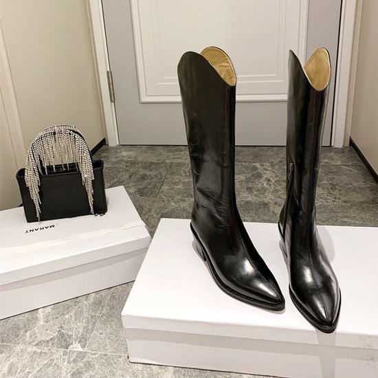 V-mouth Leather Thick Heel Western Cowboy Boots Pointed Toe Long Barrel