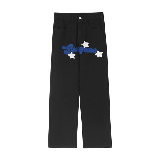 Flocking embroidery alphabet five-pointed jeans men&