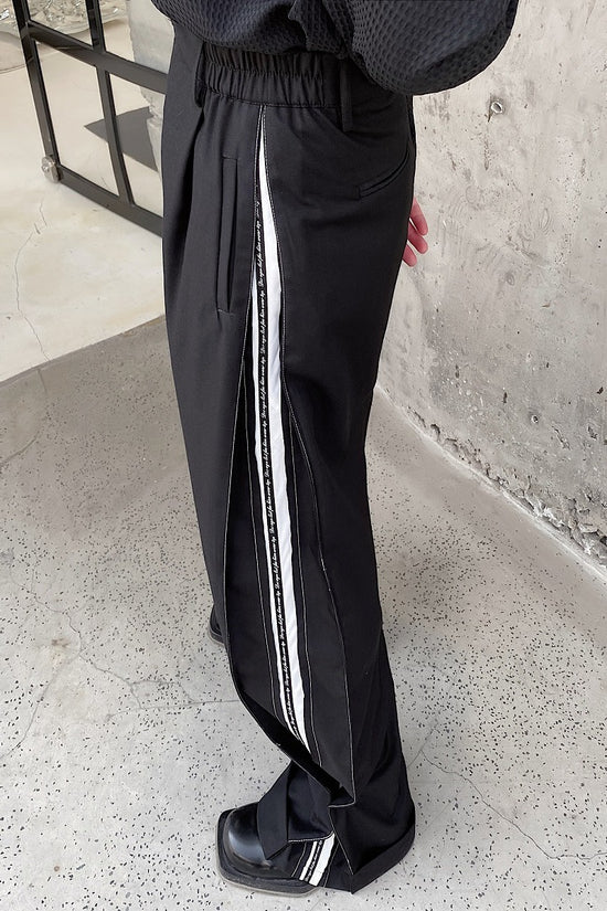 Korean trousers with draping designer side patchwork yarn-dyed belt pants wide leg trousers for men in black with long legs